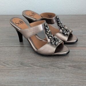SOFFT Metallic Gold Leather Slip On Open Toe Heel Shoes Crystal Vamp 6W 6 Wide